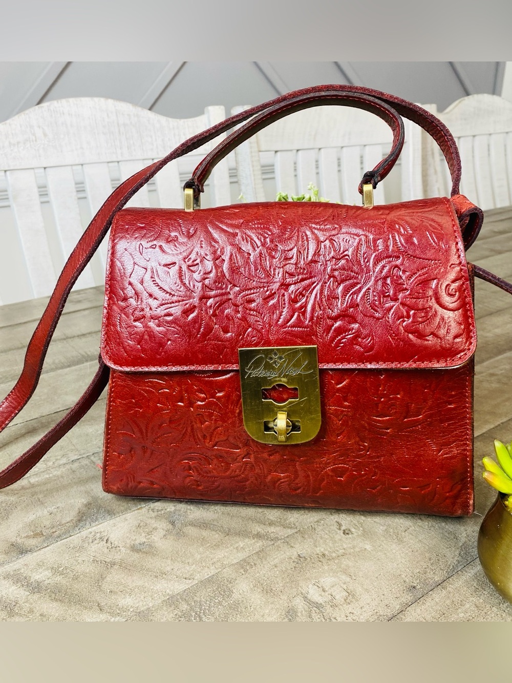 Patricia Nash Chauny Satchel Crossbody Bag Burnished Tooled Red Leather